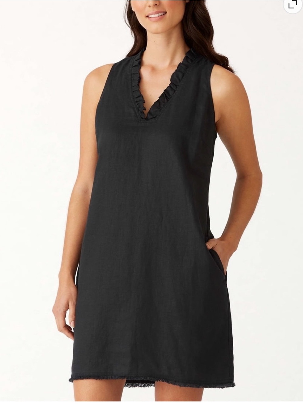Tommy Bahama Black Linen Shift Dress M Sleeveless V-Neck Frayed Hem Resort